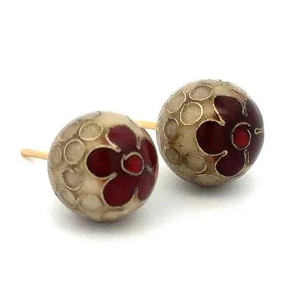 Estate Designer 14k Yellow Gold Round Enamel Red Flower Ball Stud Earrings